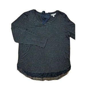 NEW Lauren Conrad Women's XL Black Gold Stripe Knit Top Lace Hem Ribbon Back LS